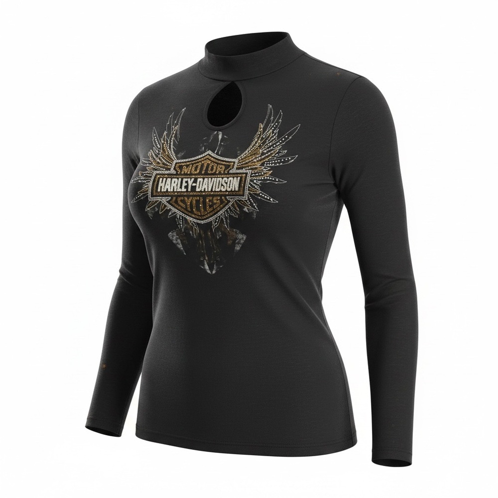 Harley Davidson Women’s Small Black long Sleeve Keyhole Mock Neck top biker